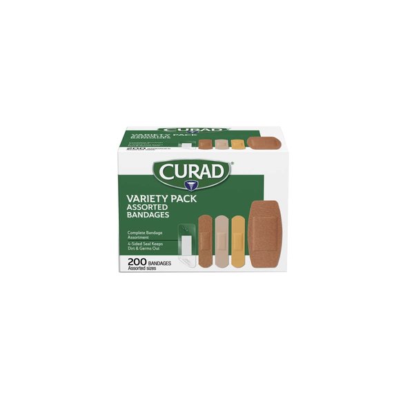 CURAD Assorted Adhesive Bandages 4-Sided Seal, Variety Pack, 200 Count (Pack of 1)