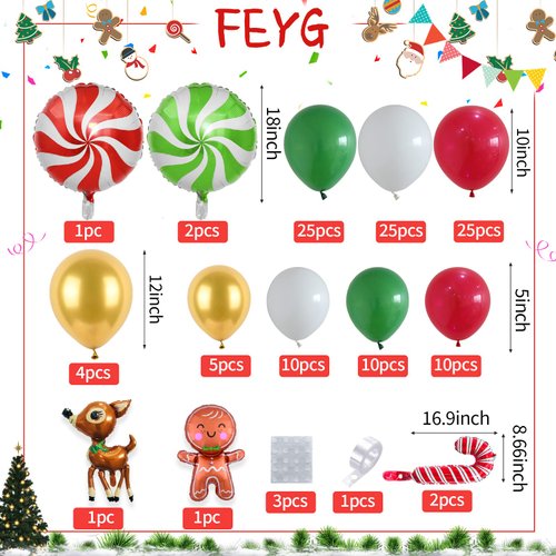Christmas Balloon Arch Kit, Gingerbread Man Balloon Garland Kit, Green Red Gold Christmas Balloons with Candy Cane Foil Balloon, Latex Balloons for Christmas Party Decoration New Year Party Supplies