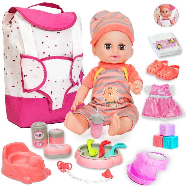 12 Inch Baby Doll Play Set with Carrier Backpack,Talking Realistic Newborn Baby Doll Toys Incl 2 Clothes & Accessories, Feeding Care Toddler Infant Doll Gifts for Age 3 4 5 6+ Years Old Girls Kid