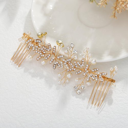 Foyte Crystal Bride Wedding Hair Comb Gold Leaf Bridal Headpieces Rhinestone Flower Hair Vines Pearl Bridesmaid Side Combs Hair Accessories for Women and Girls (Gold)