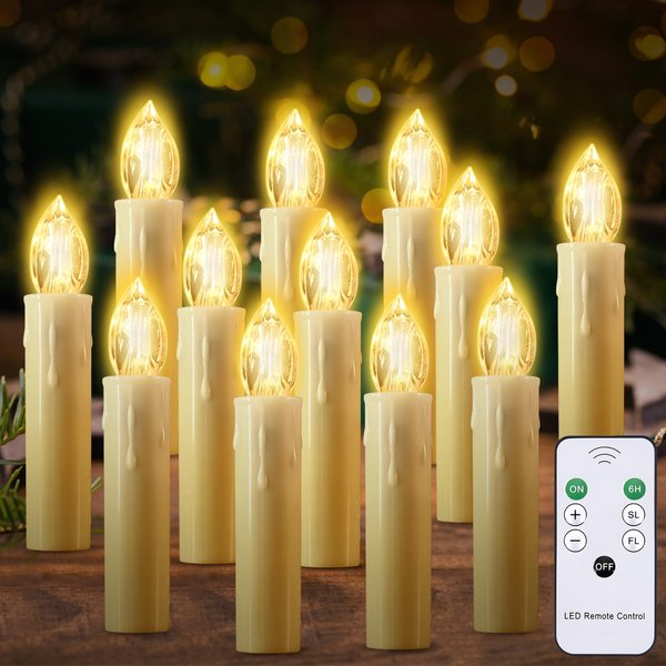 JOSU Flameless Candles Christmas Decor, 12PCS Led Flickering Lights Battery Operated with Remote Timer/Clips, Warm White Window Candles for Home Indoor Outdoor Christmas Trees Decor