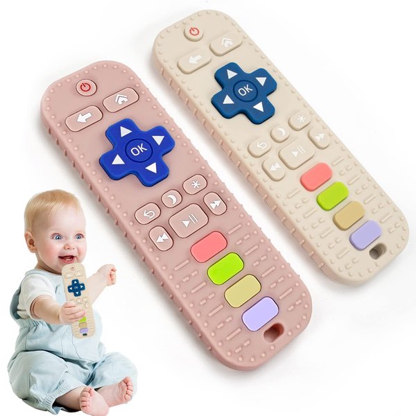 Baby Teething Toys, 2Pack Baby Toys 6 to 12 Months, Teething Toys for Babies 0-6 Months, Remote Control Teething Toys, Infant Toys, Baby Teether for Baby Boy Girl Toys (Pink+Khaki)