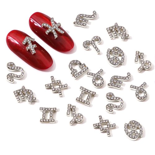 WOKOTO 24Pcs Silver Zodiac Nail Charms Rhinestones For Nails Zodiac Charms For Jewelry Making Nail Art 3d Nail Zodiac Charms For Women Girls Silver Nail Charms Nail Gems Diamonds For Acrylic Nails