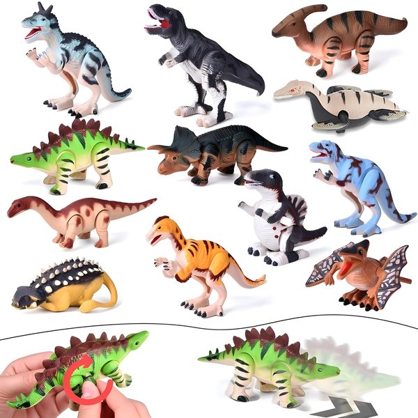Gawertoy 12 PCS Dinosaur Wind Up Toys for Kids, Assorted Clockwork Animal Toys Jumping Walking Toys Bulk for Dino Theme Birthday Halloween Christmas Party Supplies Favors Gifts Stocking Stuffers (#A)