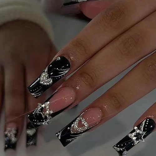 DANMANR Fake Nails Black Long Press on Coffin Nails Heart Crystal Full Cover Acrylic French Shiny Fake Nails for Women and Girls 24PCS