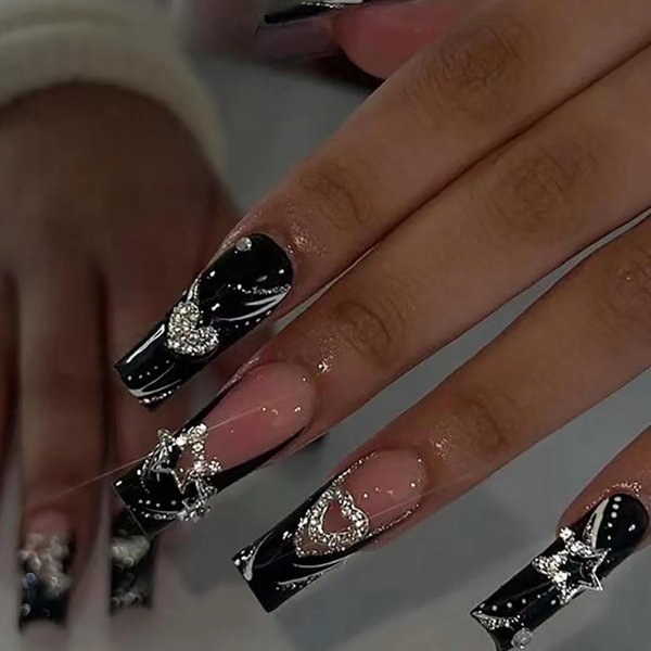 DANMANR Fake Nails Black Long Press on Coffin Nails Heart Crystal Full Cover Acrylic French Shiny Fake Nails for Women and Girls 24PCS