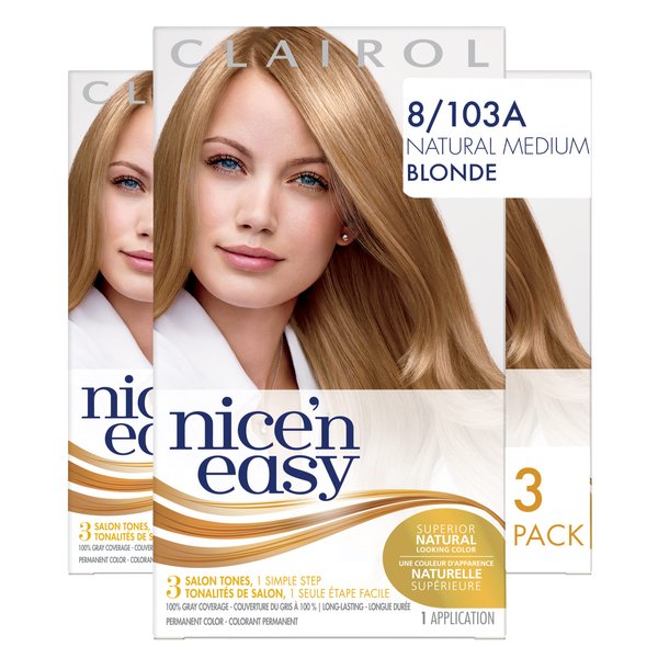 Clairol Nice'n Easy Liquid Permanent Hair Dye, 8 Medium Blonde Hair Color, Pack of 3