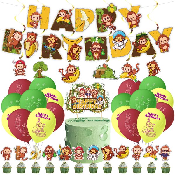 38Pcs Monkey Theme Birthday Party Supplies and Decorations Monkey Happy Birthday Banner,Latex Balloon, Cupcake Toppers, Set Animal Birthday Party Supplies for Kids Family