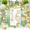Sweet 16 Party Decorations, Sage Green 16th Birthday Decorations for Girls Happy 16th Birthday Banner Balloons Cake Topper Tablecloth Foil Curtain, Sweet 16 Decorations Party Supplies