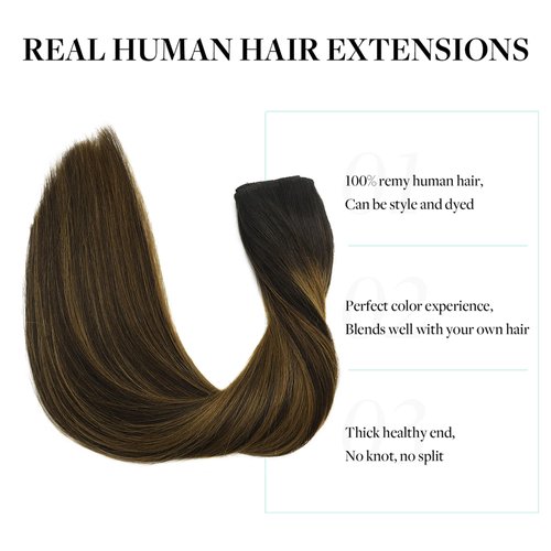 DOORES Hair Extensions Real Human Hair, Balayage Dark Brown to Chestnut Brown 16 Inch 95g Straight Remy Hair Extensions Invisible Hairpiece Wire Extensions with Fish Line for Women