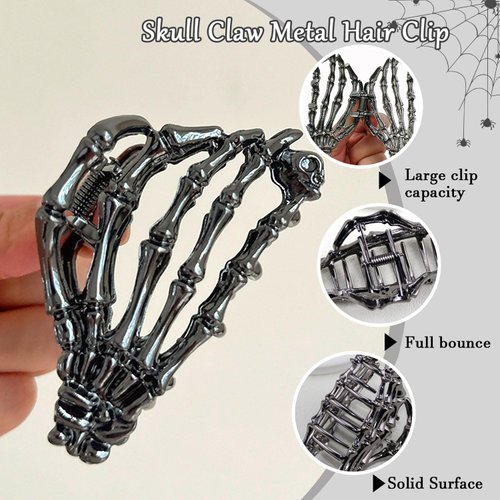 Black Metal Skeleton Hand Hair Claw Clips with Skull Head Design - Strong Hold Jaw Clamps for Women's Halloween Hair Accessories