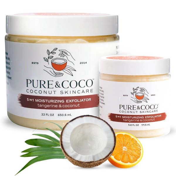 Pure & Coco Moisturizing Exfoliator: Organic Coconut Oil & Tangerine, Skincare Beauty Scrub - Moisturizer for Face, Body, Facial Exfoliator & Shaving Oil, Sugar Exfoliant - Dry & Eczema Skin (27.8oz)