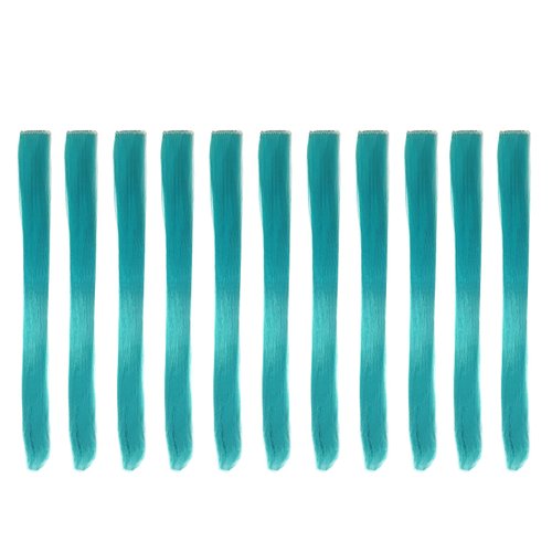 Beaute Galleria Bundle 11 Pieces Single Color 21 Inches Straight Party Highlights Clip In Synthetic Hair Extensions Cosplay Comic Con Halloween Costume (Turquoise)