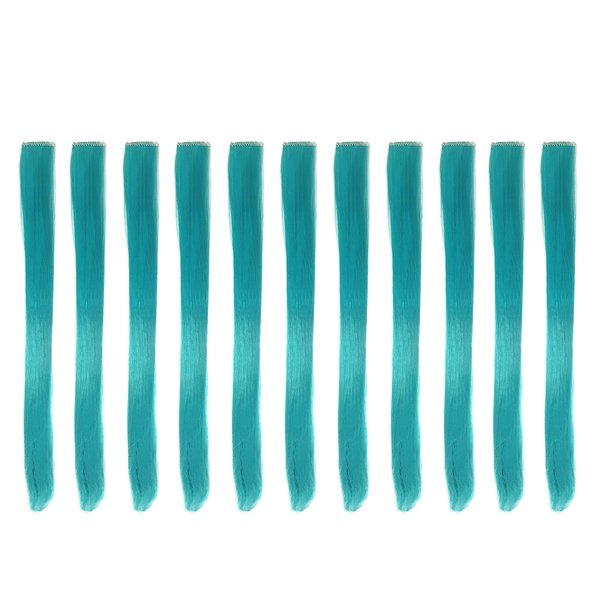 Beaute Galleria Bundle 11 Pieces Single Color 21 Inches Straight Party Highlights Clip In Synthetic Hair Extensions Cosplay Comic Con Halloween Costume (Turquoise)