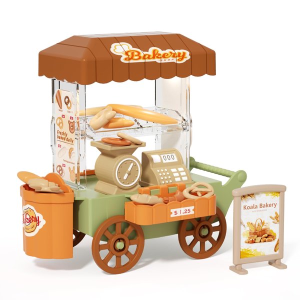 Kitchen Toy Foods Set for Kids, Pretend Play Bakery Shop Toy Shopping Cart with Accessories & Light, Educational Interactive Store Trolley Toy for Toddlers Boys Girls Birthday Gift 3 4 5 6 Years Old