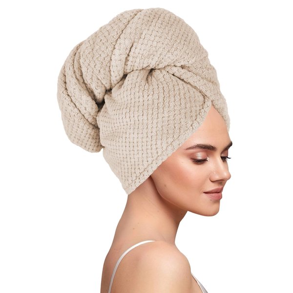 MaopaoBeauty Microfiber Hair Towel Wrap Double Thickened Hair Turbans Super Absorbent Quick Dry Hair Towel Wrap for All Hair Types Anti Frizz 26.5in x 10in(Khaki)