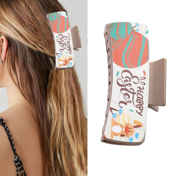 Easter Day Hair Claw Clips Bunny Design Exquisite Hair Clips for Thick Hair Rabbit Egg Coffee Color Matte Leather Hair Barrettes Strong Non-Slip Hair Accessories for Women and Girls