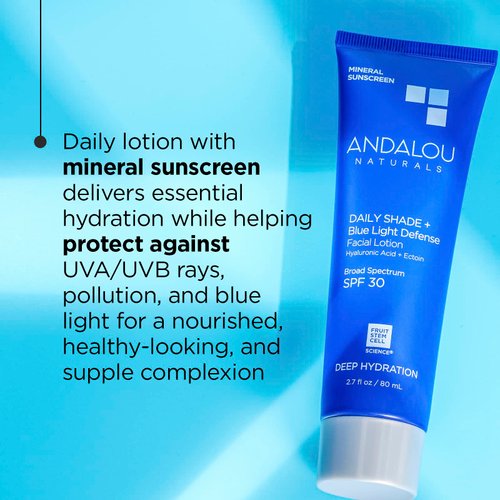 Andalou Naturals Face Sunscreen, SPF 30 Daily Shade + Blue Light Defense Facial Lotion, Broad Spectrum Protection, Deeply Hydrating Mineral Sun Block with Hyaluronic Acid & Zinc Oxide, 2.7 Fl Oz