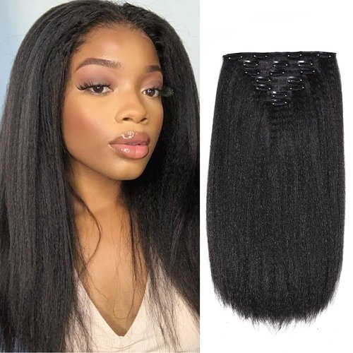 Yargel Hair 18 Inch Kinky Straight Clip in Hair Extensions for Black Women Full Head Yaki Straight Seamless Clip ins Synthetic Hair Pieces(1 pack)
