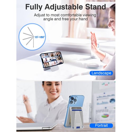 HiWe Magsafe Wallet Stand, Strong Magnetic Wallet for iPhone 15/14/13/12 Series, 3 Card Slots, Open ID Window, 10 Cards Holder, Slim, Vegan Leather, Gray