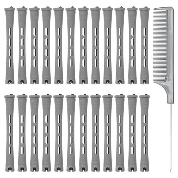 60PCS Hair Perm Rods Set Coolrunner Cold Wave Curlers Perming Rods Plastic Curler Perm Rods with Steel Pintail Comb, DIY Hair Curler Styling Tools for Hairdressing Hair (0.9cm, Blue) (0.9CM) (Gray)