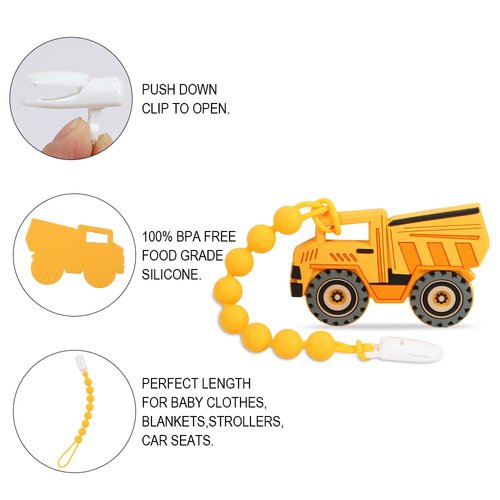 Baby Construction Vehicles Teething Toys,Food Grade Silicone Teether with One-Piece Pacifier Clip Holder,Shower Gift for 3 Months+ Boy and Girl,BPA Free,Freezer Safe. (Dump Truck)