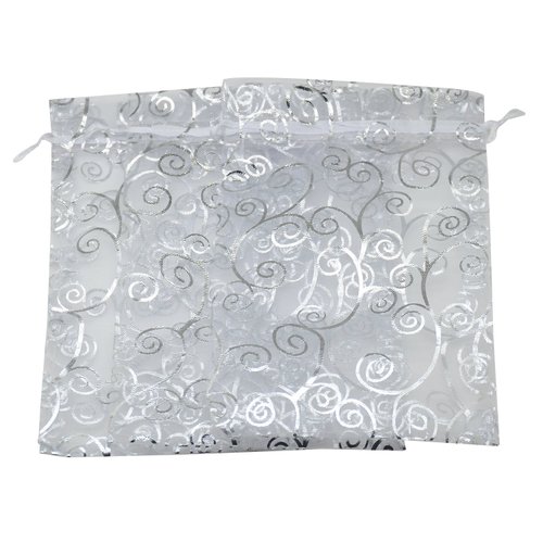 SUNGULF 100pcs Organza Pouch Bag Drawstring 4x6 10x15cm Strong Gift Candy Bag Jewelry Party Wedding Favor (White with Silver)