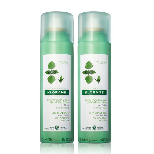 Klorane Dry Shampoo with Nettle for Oily Hair and Scalp, Regulates Oil Production, Paraben & Sulfate-Free, Duo (2-pack)