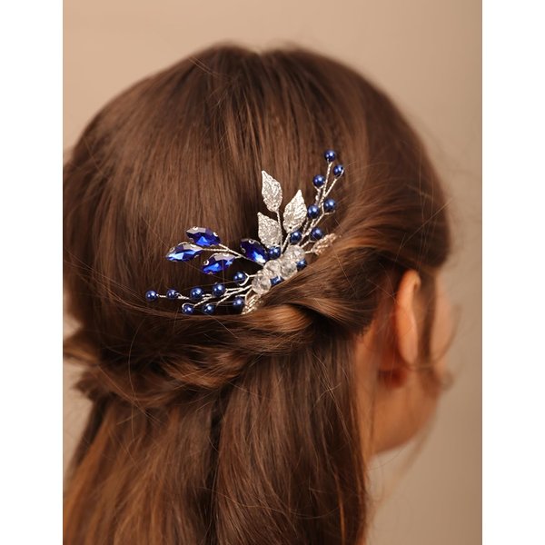 Teyglen Silver Leaf Headpiece Royal Blue Crystal Wedding Hair Comb Pearl Rhinestone Hair Piece for Bridal Wedding Hair Accessories for Women (Blue)