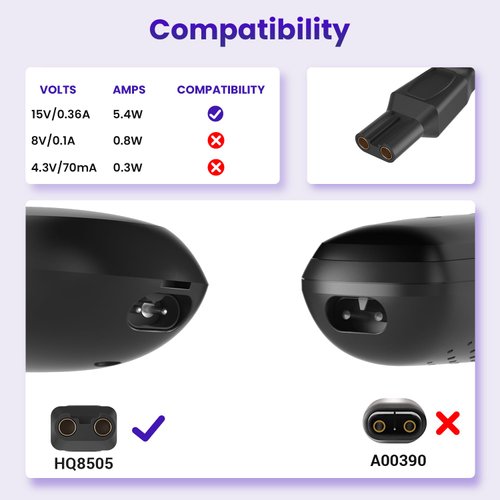 HQ8505 Norelco Charger Cord Fit for Philips Norelco HQ8505 7000 5000 3000 Series mg5750 mg7790 Electric Shaver Beard Trimmer Adapter Power Supply Charging Cord 15V AC Adapter Power Supply Cord
