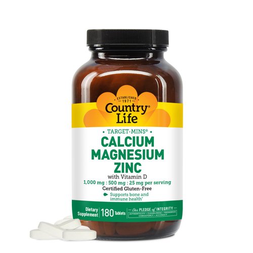 Country Life Target Mins Calcium-Magnesium Zinc with Vitamin D, 1000mg/500mg/25mg 180 Count, Certified Gluten Free, Certified Vegan