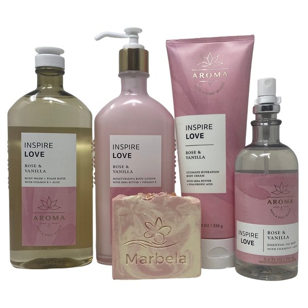 Bath & Body Works Aroma Inspire Love Rose & Vanilla Deluxe Gift Set - Body Cream - Body Lotion - Body Wash- Essential Oil Mist with a Himalayan Salts Springs Bar Soap - Full Size