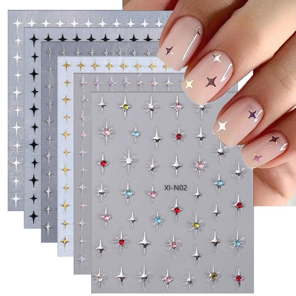 Star Nail Stickers for Nail Art, 3D Self Adhesive Nail Decals 6 Sheets Gold Silver White Black Nail Design Glitter Nail Art Stickers Cute Star Nail Art Accessories for Women DIY Nail Decorations