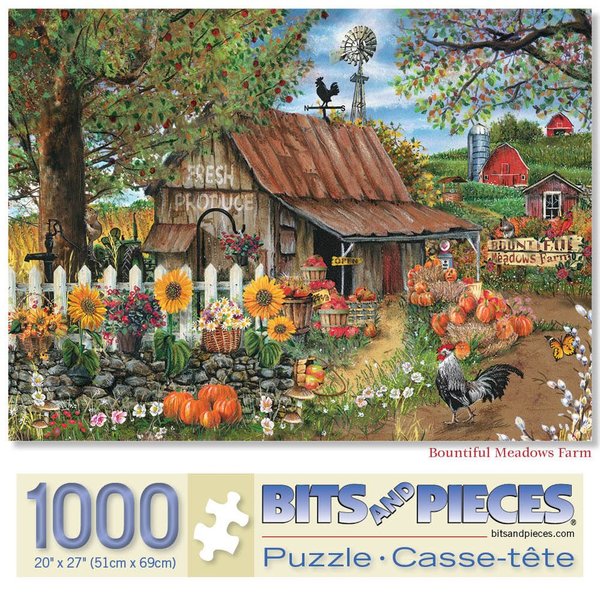 Bits and Pieces - 1000 Piece Jigsaw Puzzle for Adults 20"X27" - Bountiful Meadows Farm - Sunflowers, Pumpkins, Farm 1000 pc Jigsaw by Artist Thomas Wood