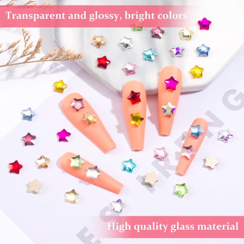 HINZIC 200PCS Star Nail Art Rhinestones, 6mm Glass Flatback Gems Colorful Crystal Diamond Jewels Face Eyes Clothes Shoes Bead Wedding Decoration for Acrylic Nails Crafts Makeup