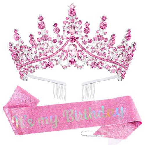 TOBATOBA It's My Birthday Sash Birthday Tiara and Crown for Women Girls Pink Glitter Birthday Sash Crystal Princess Tiara Queen Crown Quinceanera Crown Birthday Decoration Birthday Gift