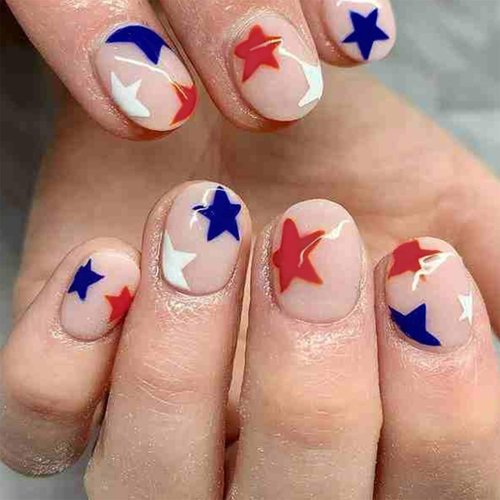 4th of July Press on Nails Short Square Fake Nails Independence Day Glue on Nails Glossy Full Cover False Nails Blue Red White Star Designs Nails for Women Girls 24pcs