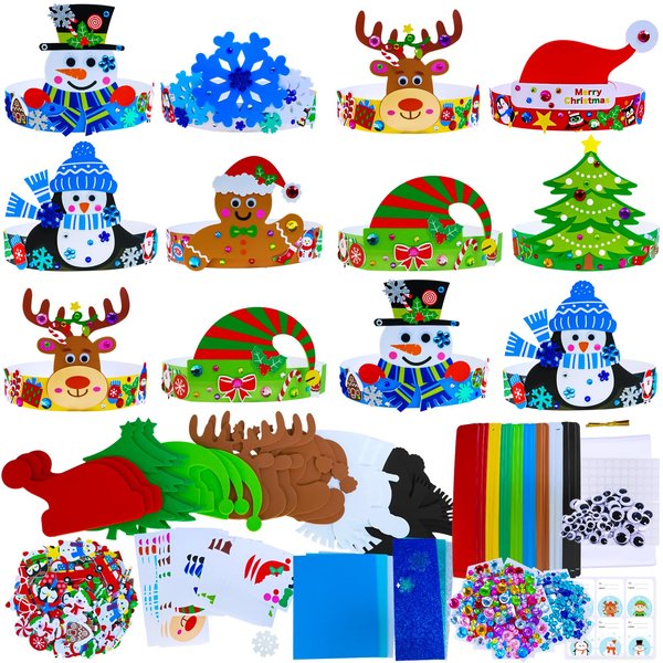 Winlyn 24 Sets Christmas Craft Kits Winter Crafts DIY Christmas Headbands Craft Kits Snowflake Christmas Tree Foam Stickers Arts and Crafts for Kids Holiday Home Classroom Art Activities Party Favors