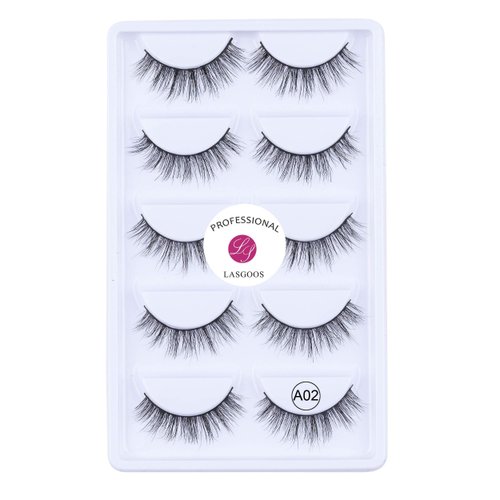 100% Siberian Mink Fur 3D False Eyelash LASGOOS Degisn Luxurious Natural Messy Wedding Party Fake Eyelashes 5 Pairs/Box (A02)