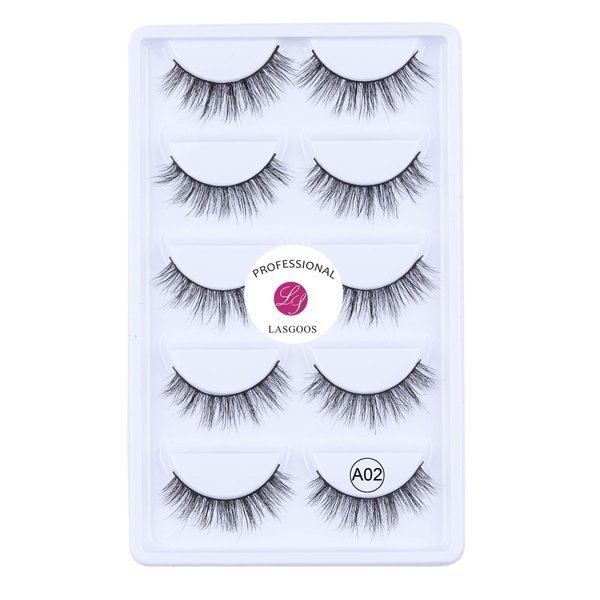100% Siberian Mink Fur 3D False Eyelash LASGOOS Degisn Luxurious Natural Messy Wedding Party Fake Eyelashes 5 Pairs/Box (A02)