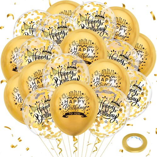 Gold Happy Birthday Party Balloons 18Pcs 12 Inch Metallic Birthday Latex Balloons Confetti Balloons Gold Birthday Decorations for Kids Boys Girls Women Men Birthday Anniversary Party Supplies