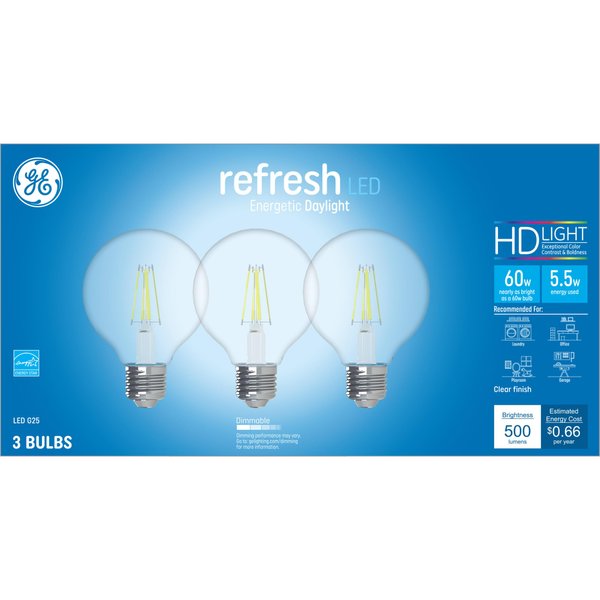 GE Refresh LED Light Bulbs, 60 Watt, Daylight, G25 Globe Bulbs, Clear, Medium Base 3 Count, (1 Pack)