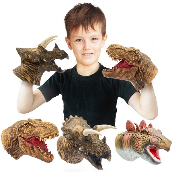 Yolococa Dinosaur Hand Puppets Realistic Latex Soft Animal Toys Set, Tyrannosaurus, Triceratops, Stegosaurus Hand Puppet Toys Gift for Kids, Party Imaginative Games, 3 Pack