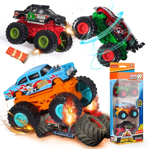 Oriate Monster Truck Toys Cars for Kids Boys Girls, Cool Stuff Diecast Toy Pull Back Monster Trucks Toys, Battery Free Stunt Trucks Toy for Kids，Birthday Gifts Party Favors, Kids Prize Box, 3 Pack