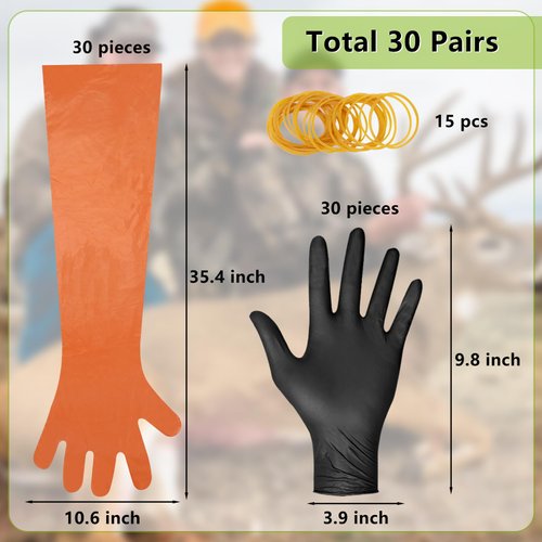YUNVI 30 Pairs Field Dressing Gloves Deer Hunting Gutting Gloves, Veterinary Gloves Includes Disposable Arm Gloves & Nitrile Gloves