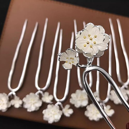 Rabithenn S925 Peach Blossom Silver Hairpin Chinese Style Hair Sticks Hair Chopsticks Retro with Wooden Handmade Hair Clip Hair Accessories for Women Girls Long Hair (peach blossom)