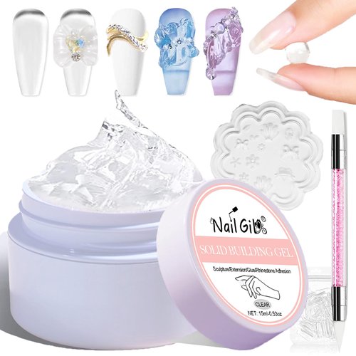 NAILGIL Solid Builder Gel For Nails,3D Gel Nail Art Sculpture Non-Sticky Hand Clear Extension Gel Sock Off UV LED with 3D Silicone Mold Salon DIY at Home-15g/0.53oz