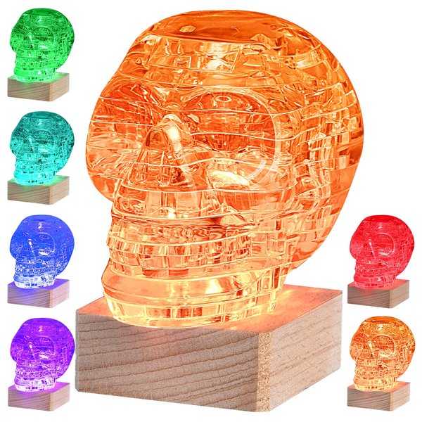 3D Skull Crystal Puzzle, Skull Assembly Brain Teaser with Light-Up Wood Base for Halloween Decorations Indoor, Plastic Skull DIY Puzzle Blocks 3D Model Toy, Gift for Adults/Kid 14+(49pcs, Transparent)