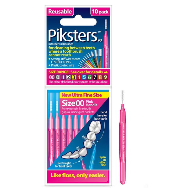 Piksters Interdental Brushes, Size 00, Pink Handle, 10 Pack