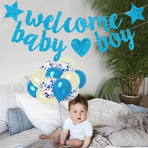 MDLLDM Baby Shower Decorations Welcome Baby Boy Banner Balloons Glitter Welcome Baby boy Home for Boys Newborn Birthday Party Hanging bunting Decorations Party Supplies Blue Pre-stung